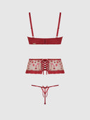 ANGELINA LIPS EMBROIDERY OPEN CUP BRA, GARTER & BOW G-STRING SET