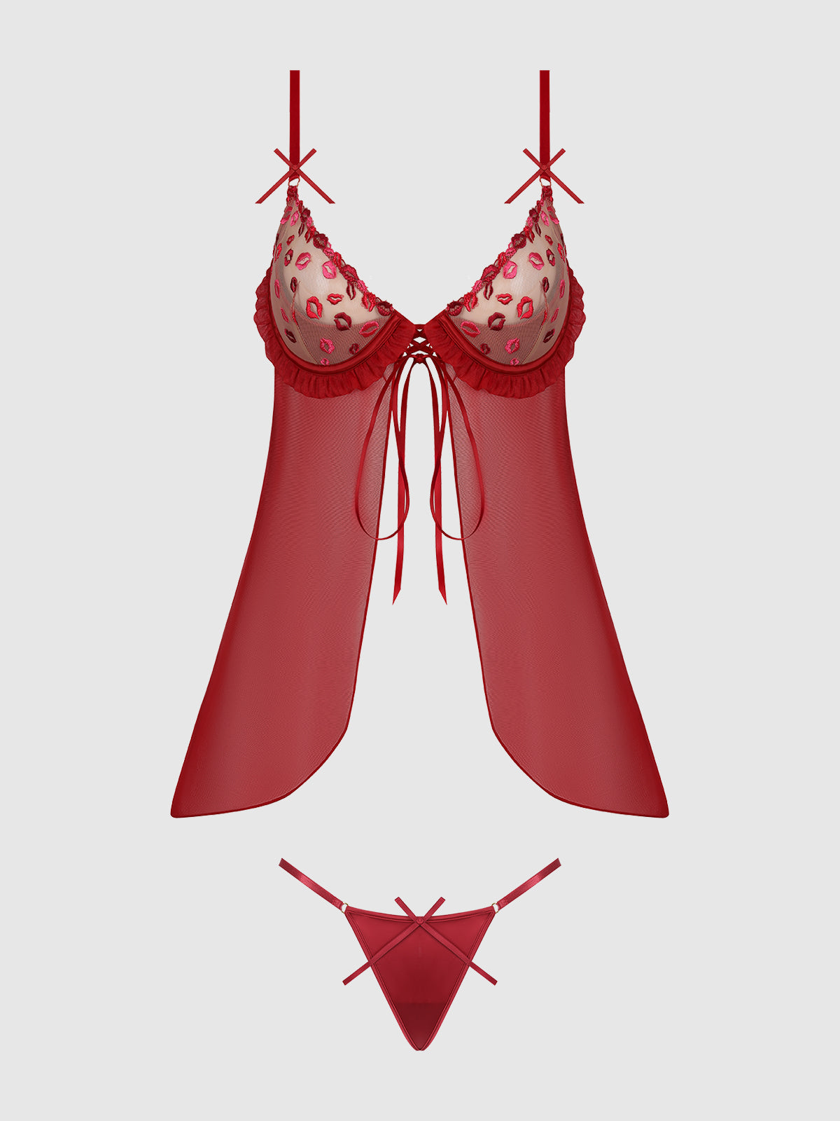 ANGELINA LIPS EMBROIDERY BABYDOLL & BOW G-STRING SET