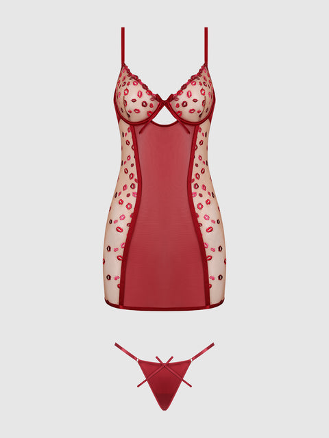 ANGELINA LIPS EMBROIDERY BOW BACK CHEMISE SET