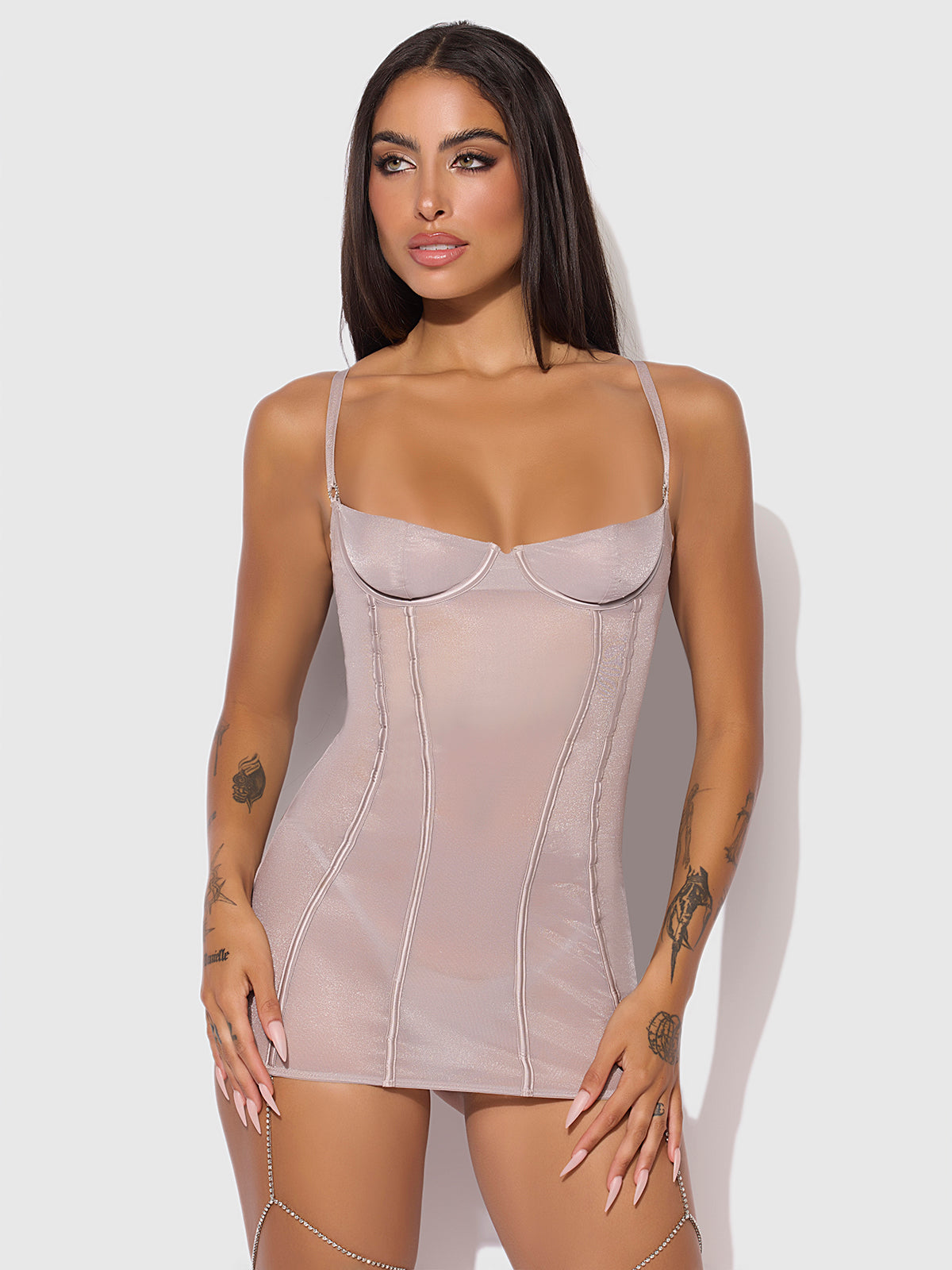 PRESLEY SHINE MESH & RHINESTONE CHEMISE & G-STRING SET