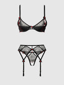 ILENA EMBROIDERED TULLE BRA, GARTER & CROTCHLESS BIKINI