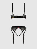 ILENA EMBROIDERED TULLE BRA, GARTER & CROTCHLESS BIKINI